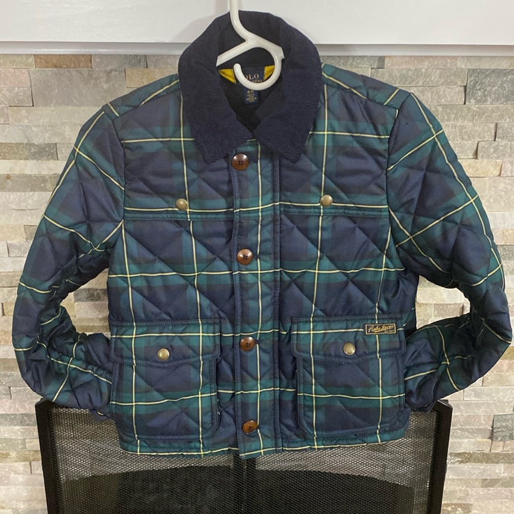 Polo by Ralph Lauren Girls Medium Tartan Quilted Barn Jacket In Navy & Green.